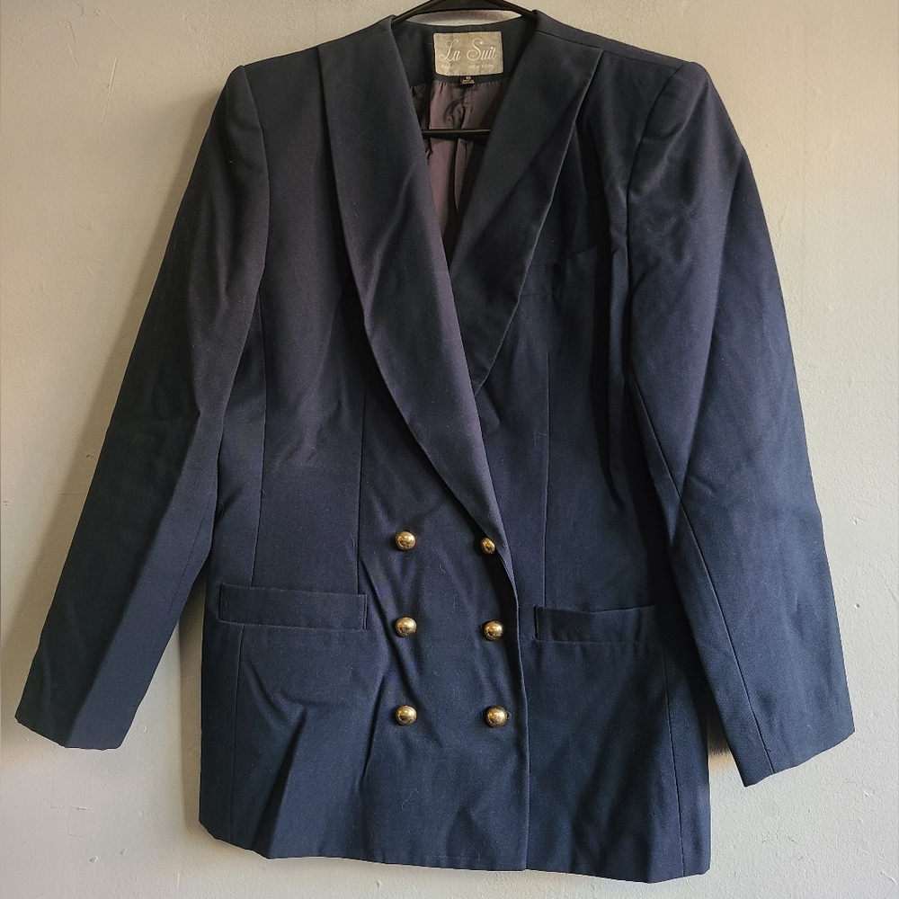 Women's 10 medium vintage dark blue gold 3 button navy blazer jacket oxford
